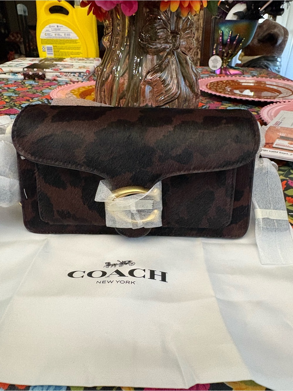 Coach Tabby 20 Brown and Black Leopard Print Clutch with Gold-Tone Buckle